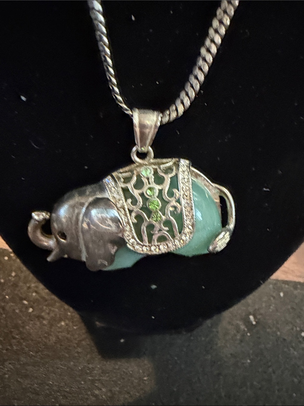 Elephant Pendant Necklace with Green Stone